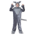 Kids gray plush wolf Halloween costume with eared hood, faux fur chest, paw mitts and tail - view 2