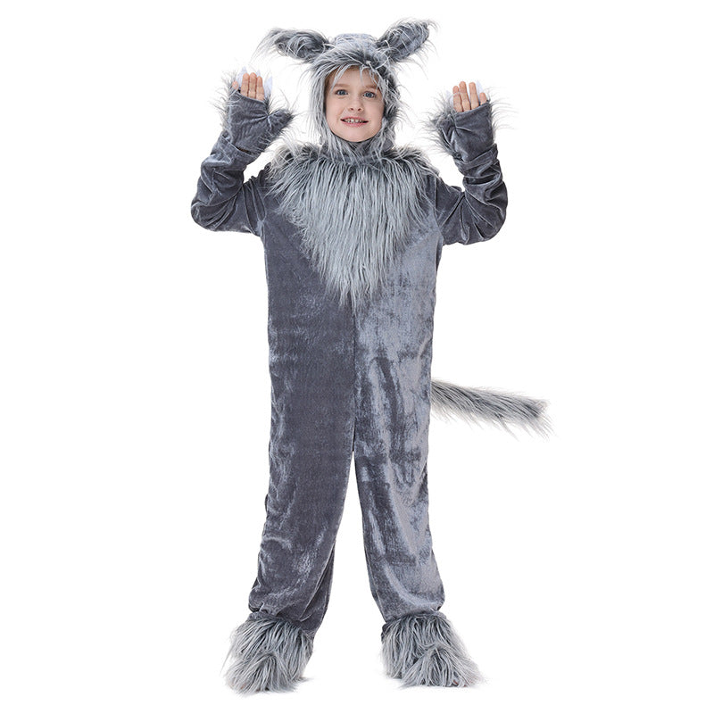 Kids gray plush wolf Halloween costume with eared hood, faux fur chest, paw mitts and tail - view 2
