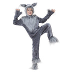 Kids gray plush wolf Halloween costume with eared hood, faux fur chest, paw mitts and tail - view 3