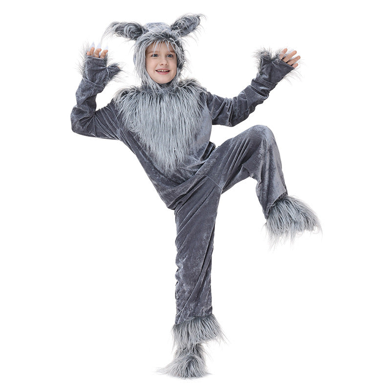 Kids gray plush wolf Halloween costume with eared hood, faux fur chest, paw mitts and tail - view 3