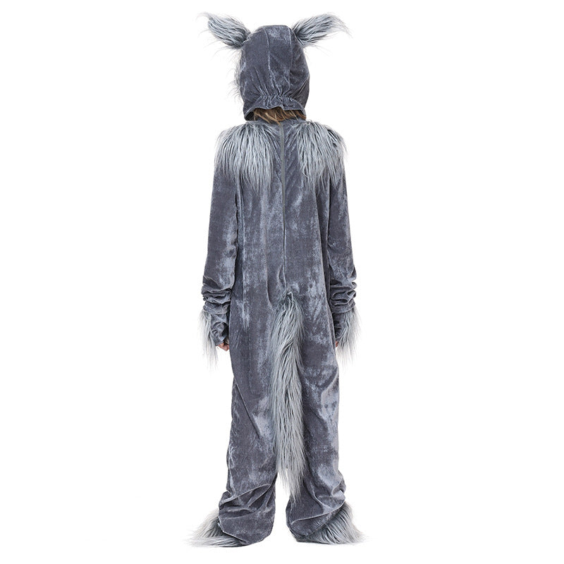 Kids gray plush wolf Halloween costume with eared hood, faux fur chest, paw mitts and tail - view 4