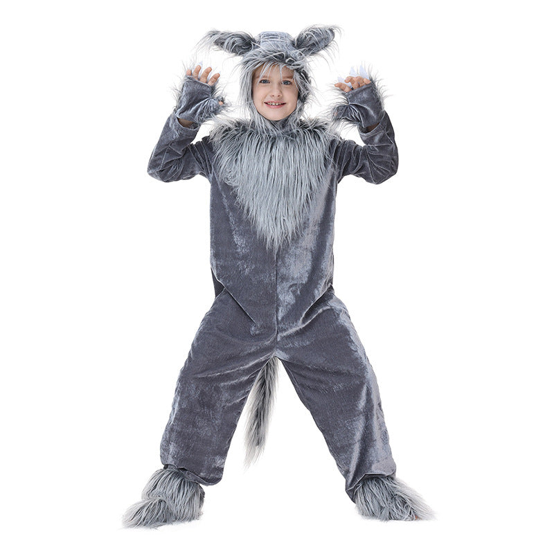 Kids gray plush wolf Halloween costume with eared hood, faux fur chest, paw mitts and tail - view 5