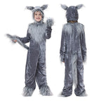Kids gray plush wolf Halloween costume with eared hood, faux fur chest, paw mitts and tail - view 6