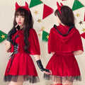 Women's devil Halloween costume with velvet hooded capelet, lace-up corset waist and black tulle ruffle hem