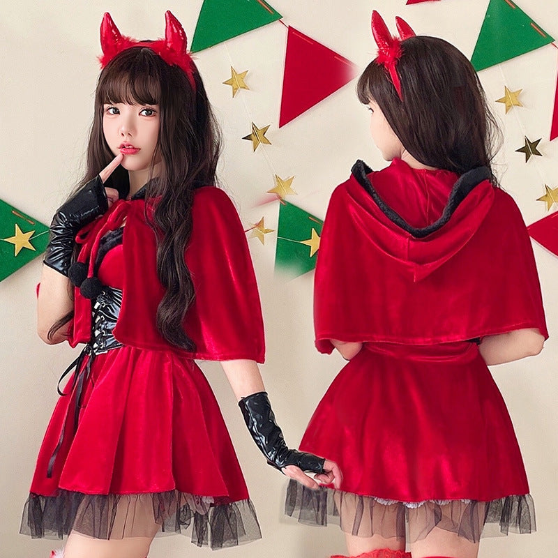 Women's devil Halloween costume with velvet hooded capelet, lace-up corset waist and black tulle ruffle hem