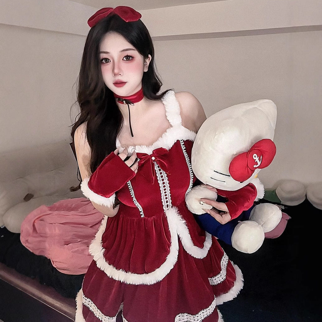Women's devil Halloween costume with velvet hooded capelet, lace-up corset waist and black tulle ruffle hem - view 2