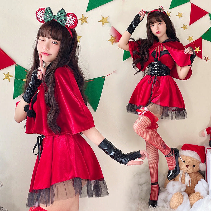 Women's devil Halloween costume with velvet hooded capelet, lace-up corset waist and black tulle ruffle hem - view 5