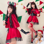 Women's devil Halloween costume with velvet hooded capelet, lace-up corset waist and black tulle ruffle hem - view 5
