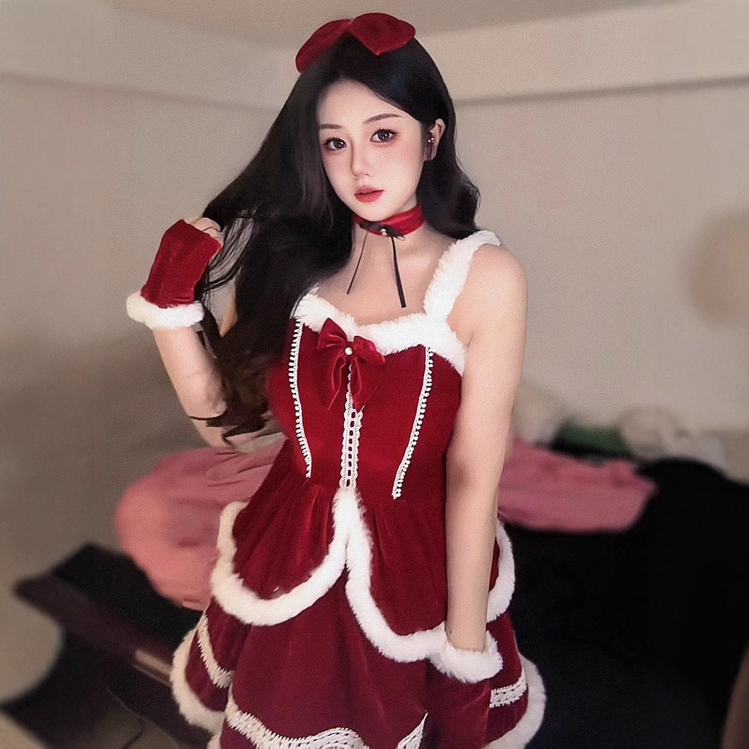 Women's devil Halloween costume with velvet hooded capelet, lace-up corset waist and black tulle ruffle hem - view 6