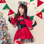 Women's devil Halloween costume with velvet hooded capelet, lace-up corset waist and black tulle ruffle hem - view 7