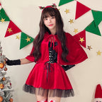Women's devil Halloween costume with velvet hooded capelet, lace-up corset waist and black tulle ruffle hem - view 9