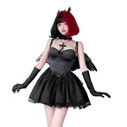 Black dark angel Halloween costume dress with sweetheart bodice and tiered lace-trim mini skirt