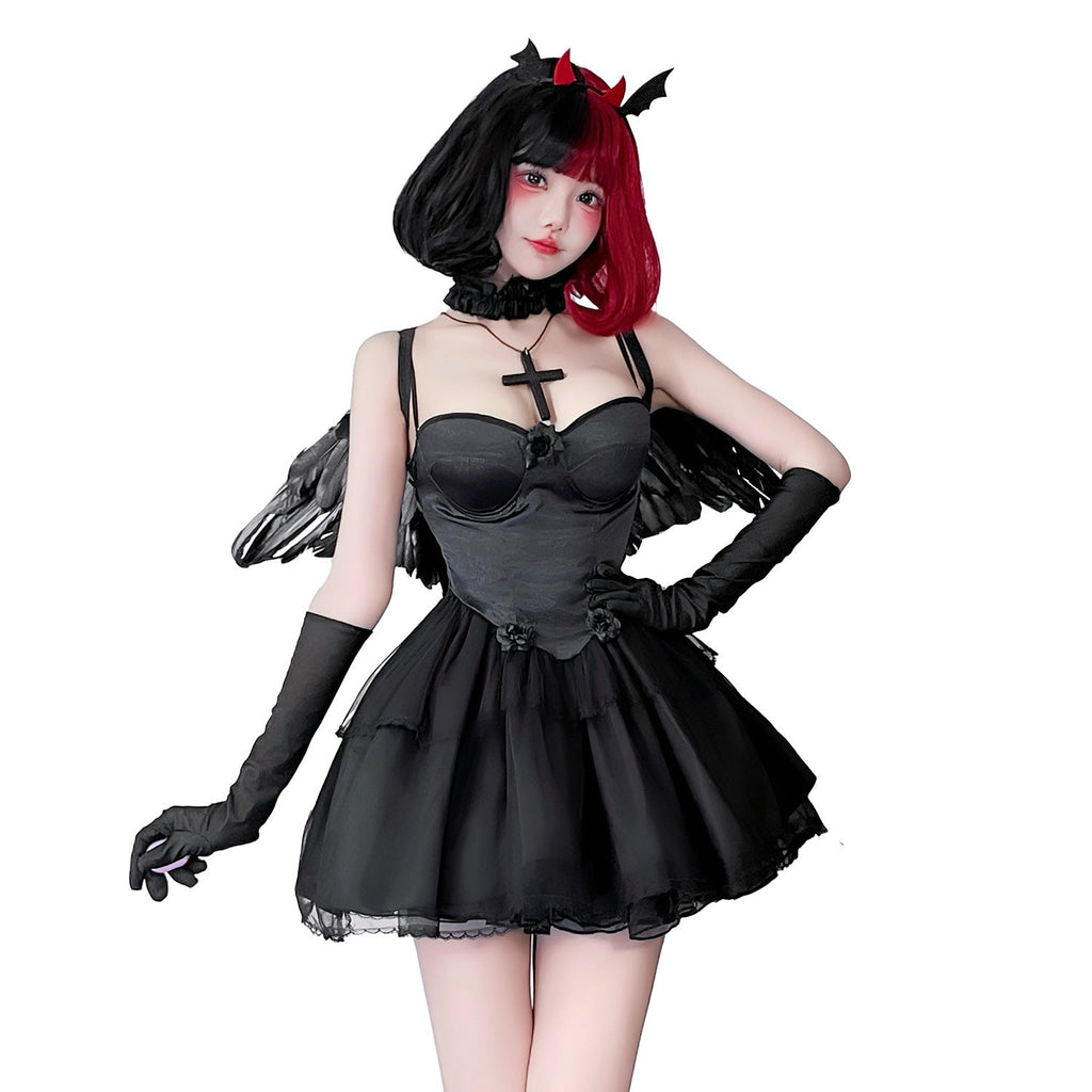 Black dark angel Halloween costume dress with sweetheart bodice and tiered lace-trim mini skirt - view 2