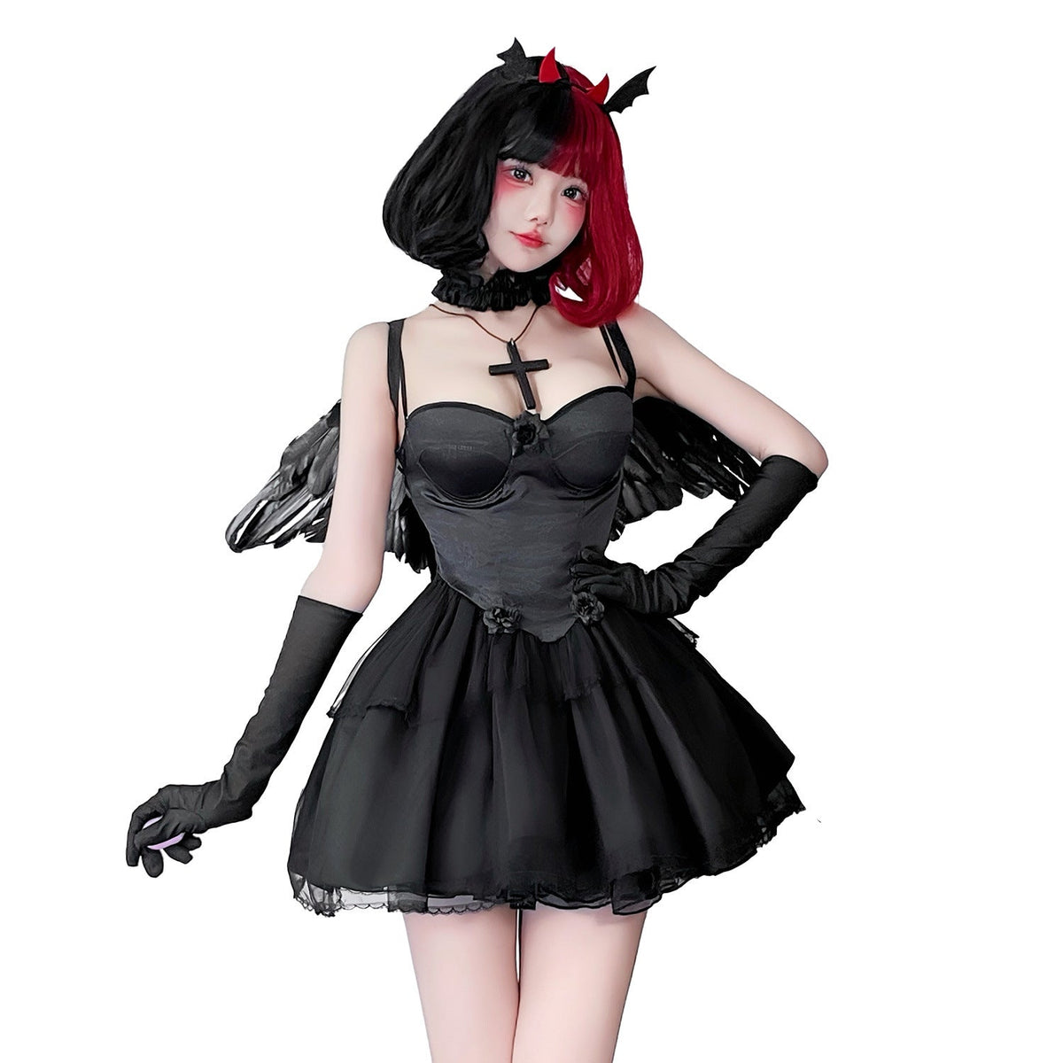 Black dark angel Halloween costume dress with sweetheart bodice and tiered lace-trim mini skirt - view 2