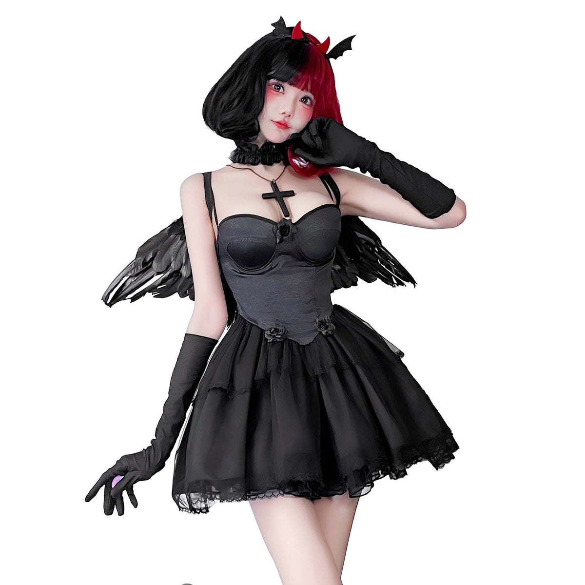 Black dark angel Halloween costume dress with sweetheart bodice and tiered lace-trim mini skirt - view 3