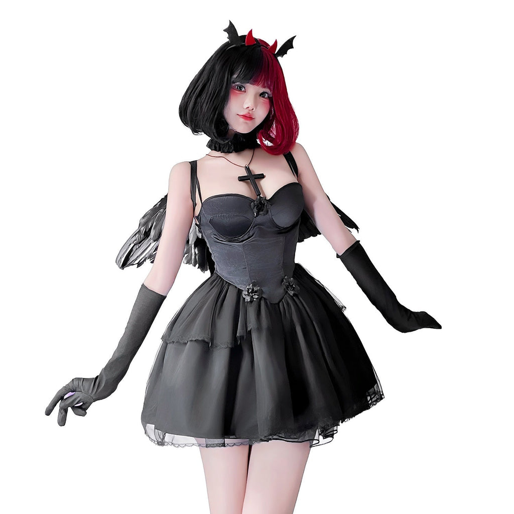 Black dark angel Halloween costume dress with sweetheart bodice and tiered lace-trim mini skirt - view 5