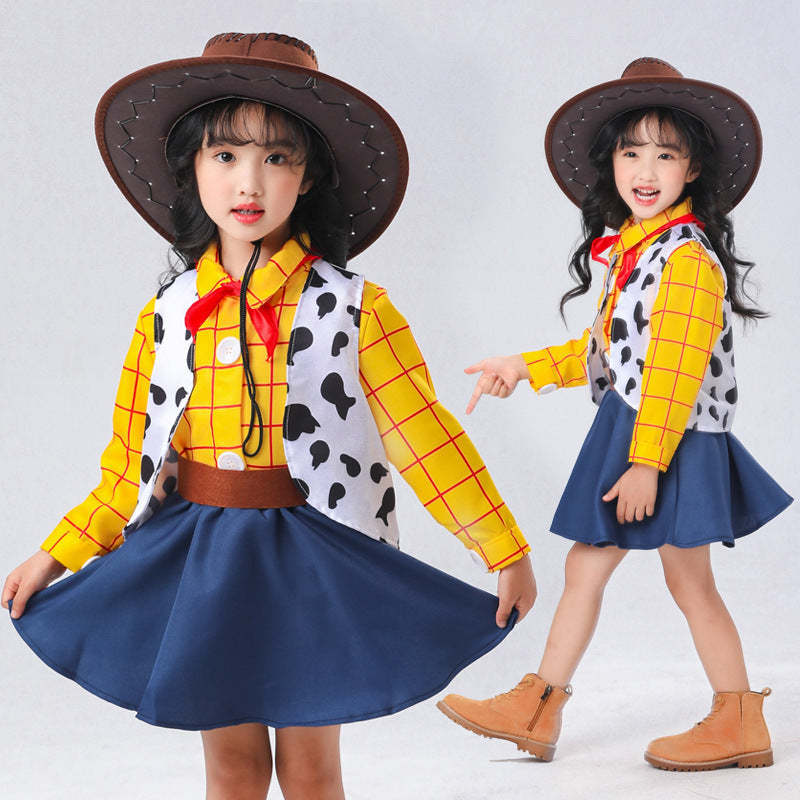 Girls cowgirl costume with yellow plaid shirt, cow-print vest, navy flared skirt and brown cowboy hat