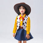 Girls cowgirl costume with yellow plaid shirt, cow-print vest, navy flared skirt and brown cowboy hat - view 2
