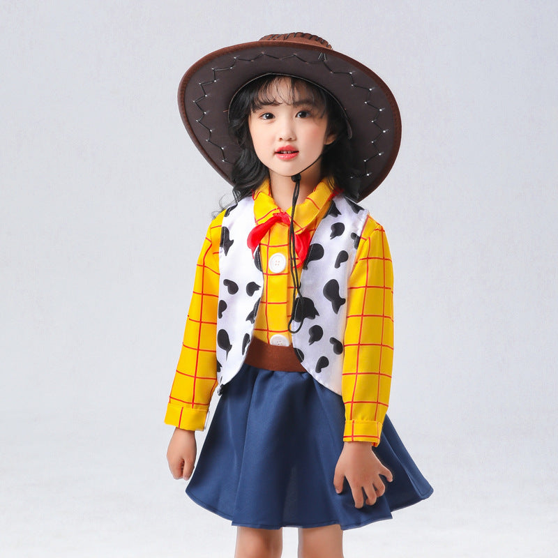Girls cowgirl costume with yellow plaid shirt, cow-print vest, navy flared skirt and brown cowboy hat - view 2