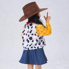Girls cowgirl costume with yellow plaid shirt, cow-print vest, navy flared skirt and brown cowboy hat - view 3