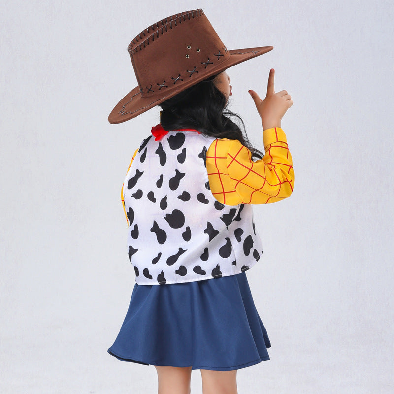 Girls cowgirl costume with yellow plaid shirt, cow-print vest, navy flared skirt and brown cowboy hat - view 3