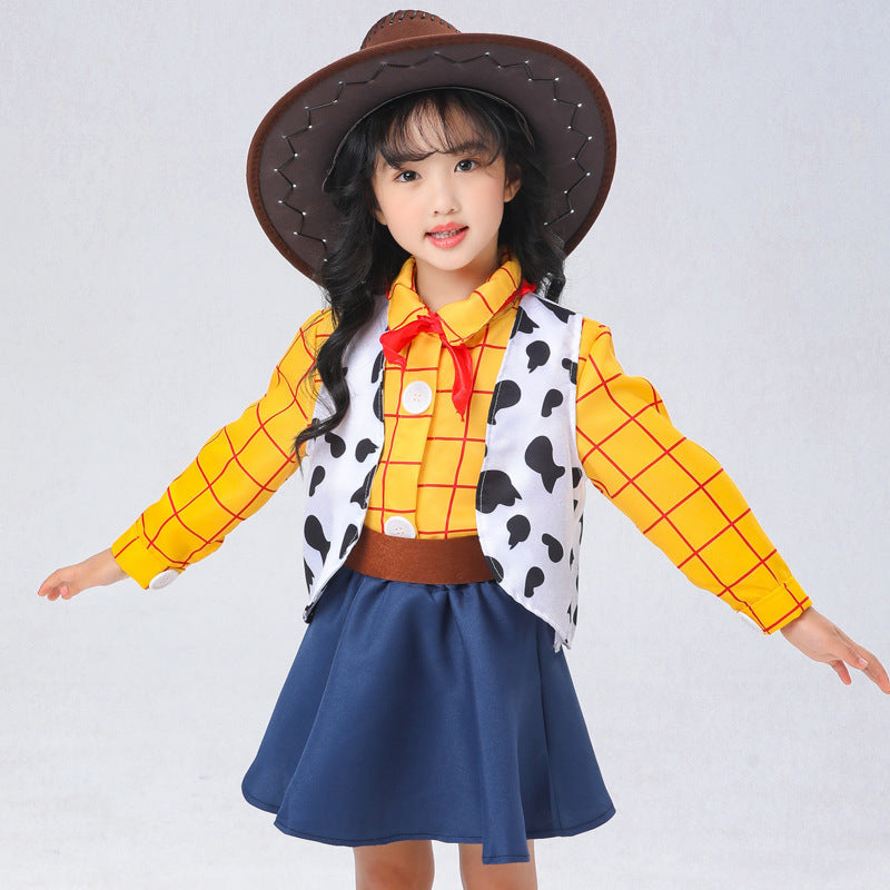 Girls cowgirl costume with yellow plaid shirt, cow-print vest, navy flared skirt and brown cowboy hat - view 4