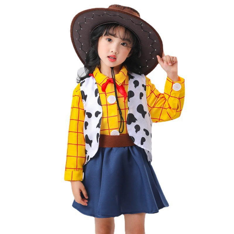 Girls cowgirl costume with yellow plaid shirt, cow-print vest, navy flared skirt and brown cowboy hat - view 5
