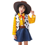 Girls cowgirl costume with yellow plaid shirt, cow-print vest, navy flared skirt and brown cowboy hat - view 5