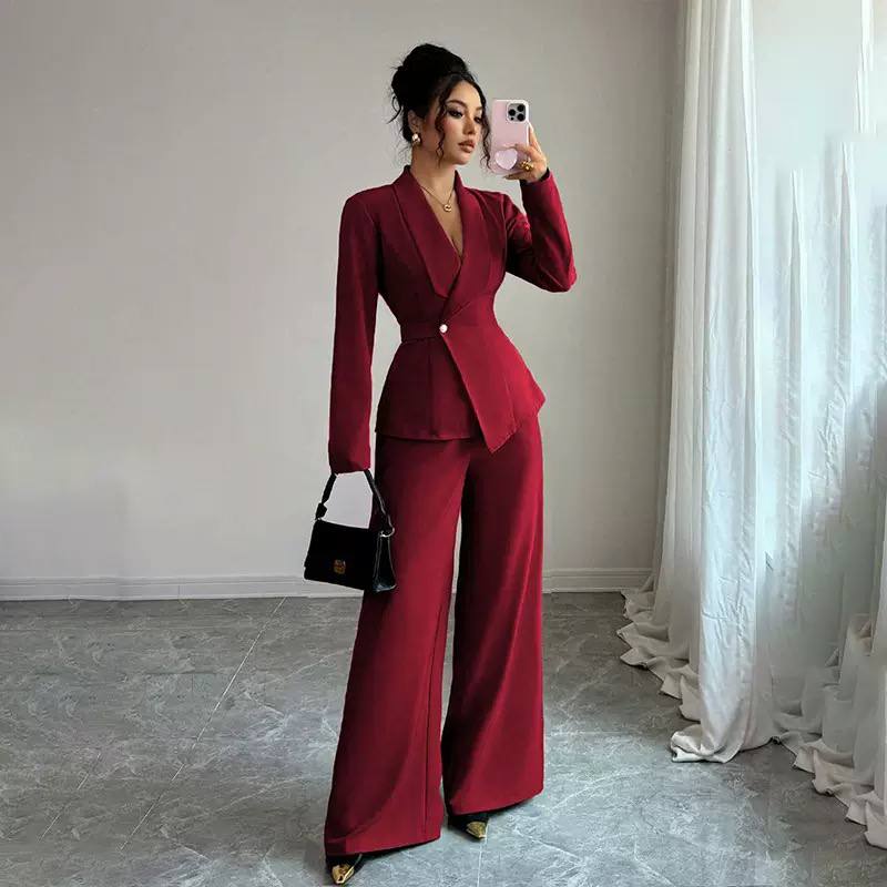 Wrap blazer suit set for women with wide leg pants