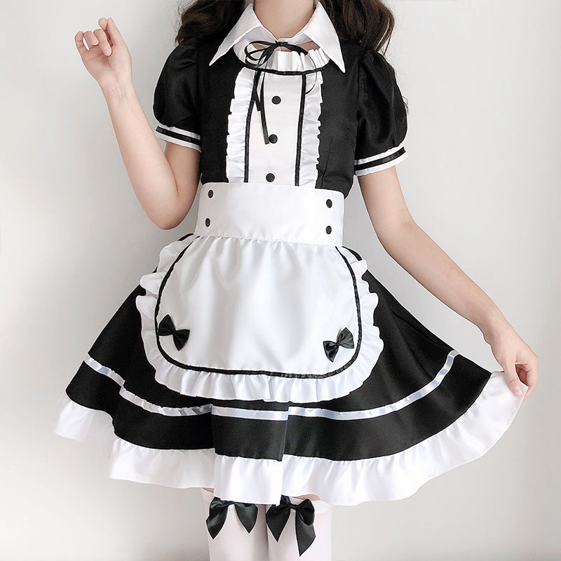 Women's black and white maid Halloween costume with ruffled apron, puff sleeves and headpiece - view 4