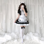 Women's black and white maid Halloween costume with ruffled apron, puff sleeves and headpiece - view 5