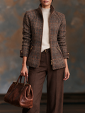 Brown plaid zip-up jacket for women with raglan sleeves