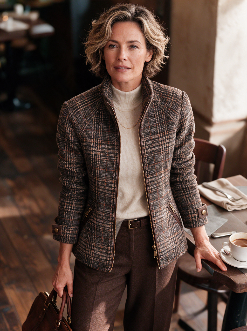 Brown plaid zip-up jacket for women with raglan sleeves - view 3