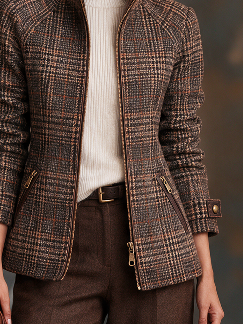 Brown plaid zip-up jacket for women with raglan sleeves - view 5