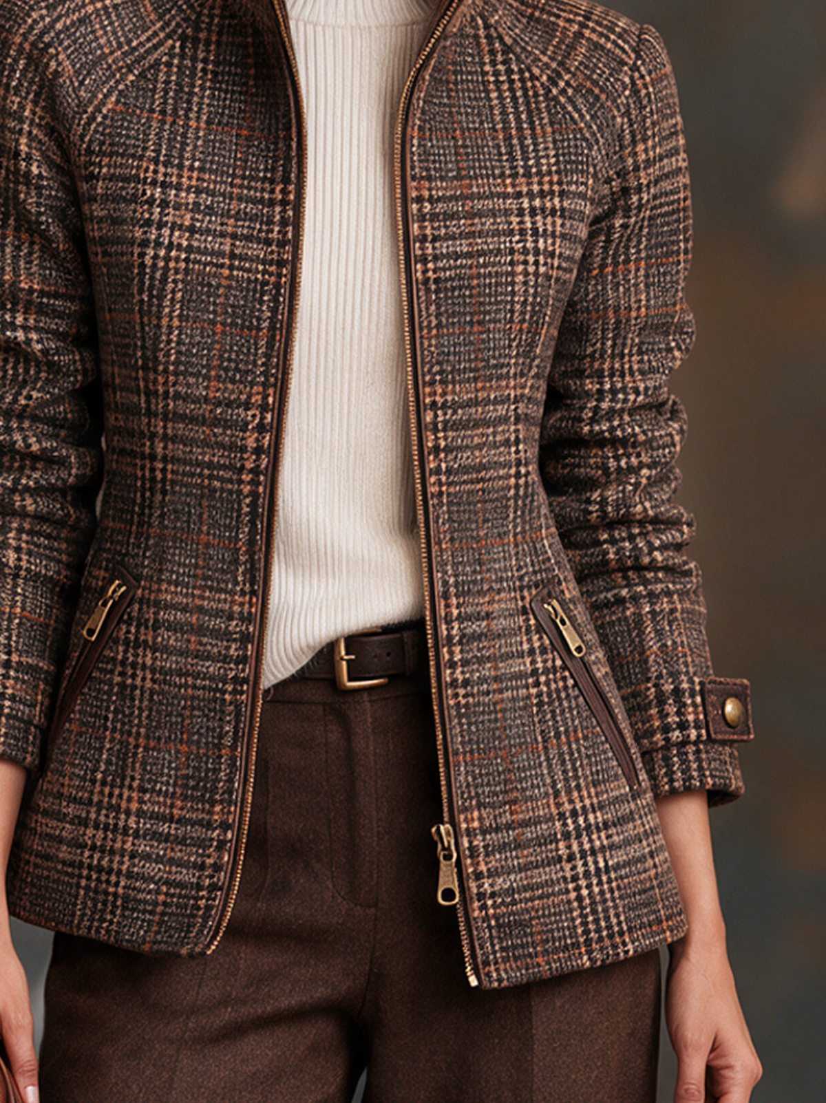 Brown plaid zip-up jacket for women with raglan sleeves - view 5