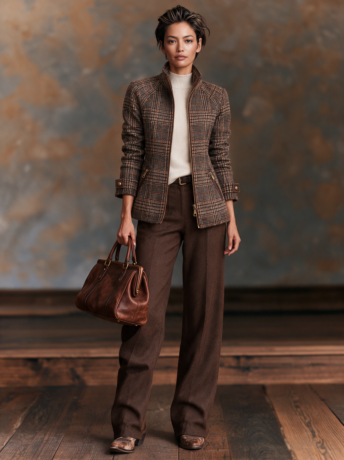 Brown plaid zip-up jacket for women with raglan sleeves - view 6