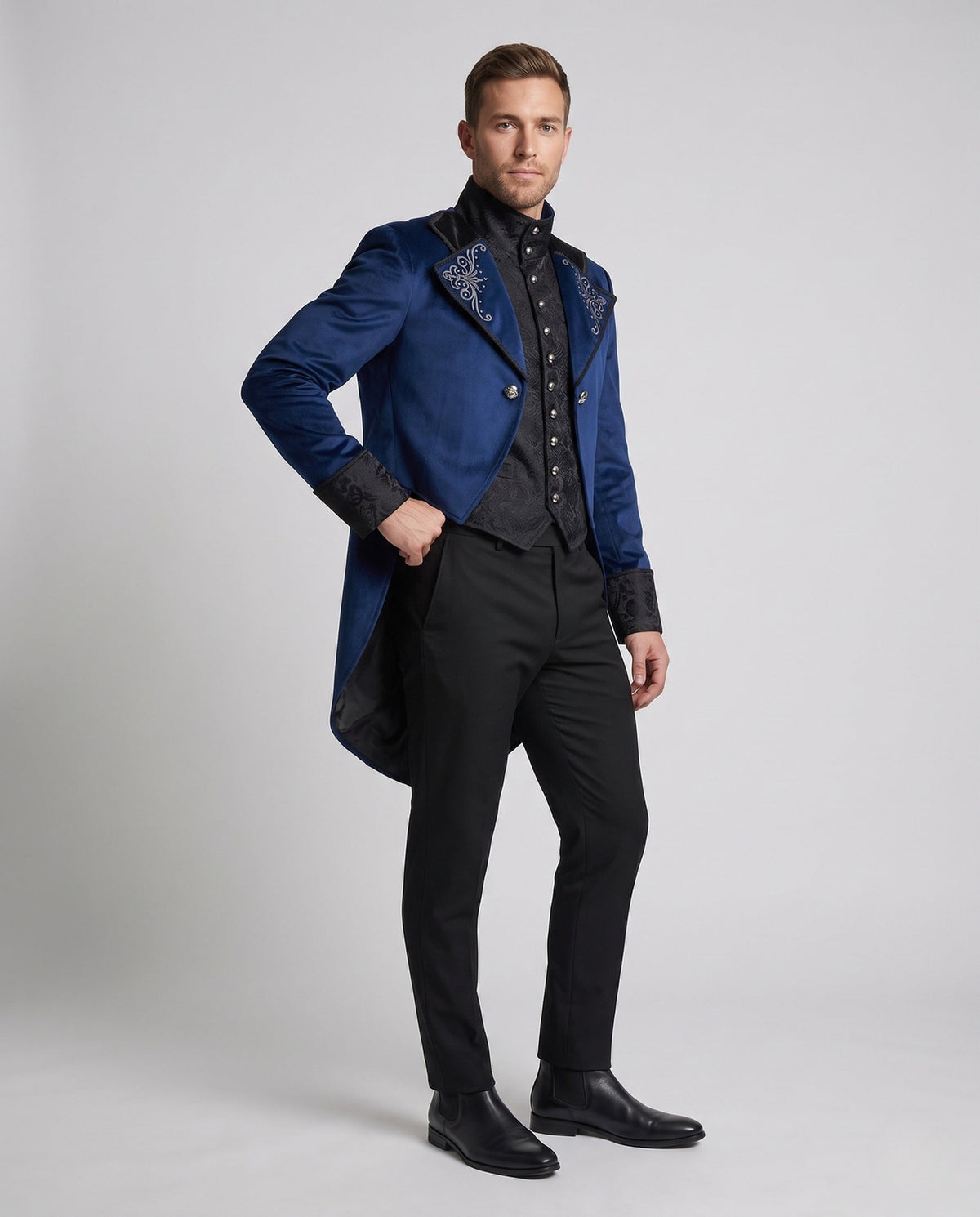 Men's gothic velvet tailcoat with embroidered lapels, brocade vest-style front and split tails