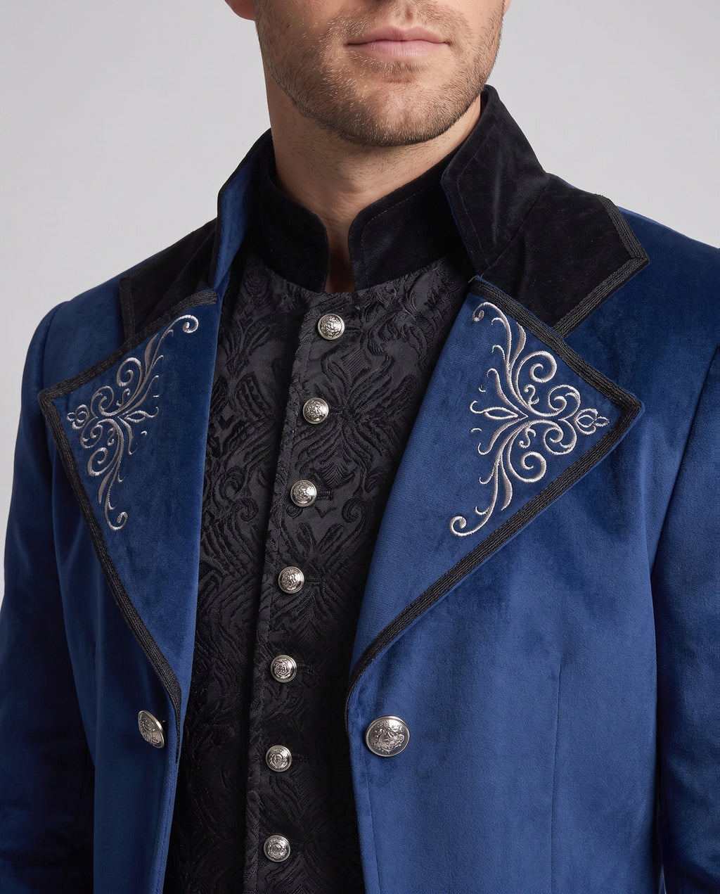 Men's gothic velvet tailcoat with embroidered lapels, brocade vest-style front and split tails - view 2