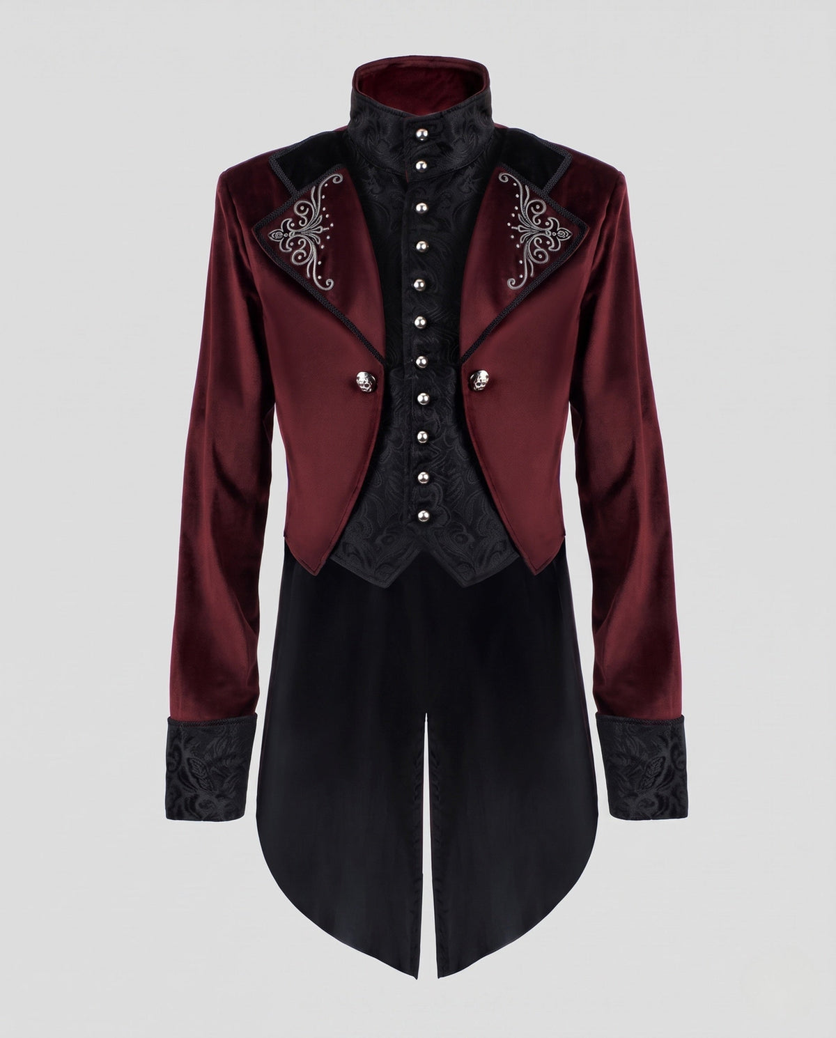 Men's gothic velvet tailcoat with embroidered lapels, brocade vest-style front and split tails - view 4