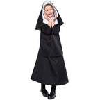 Girls nun Halloween costume with black long-sleeve gown and black veil with white trim