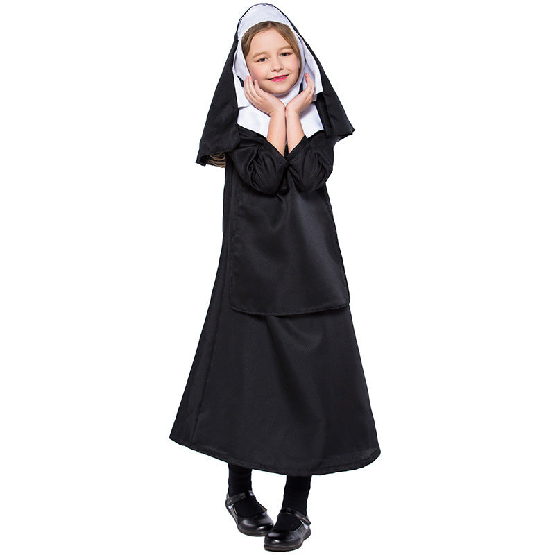 Girls nun Halloween costume with black long-sleeve gown and black veil with white trim