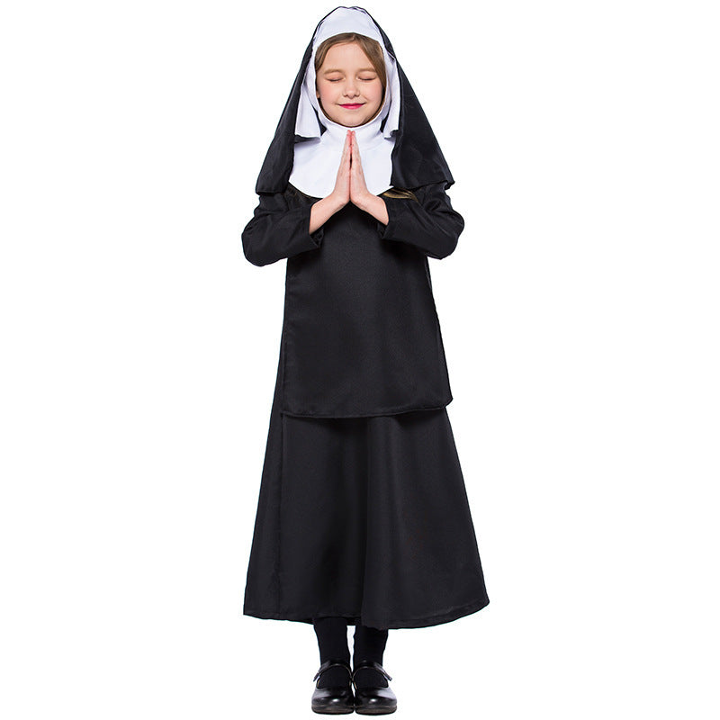 Girls nun Halloween costume with black long-sleeve gown and black veil with white trim - view 2