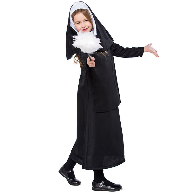 Girls nun Halloween costume with black long-sleeve gown and black veil with white trim - view 3