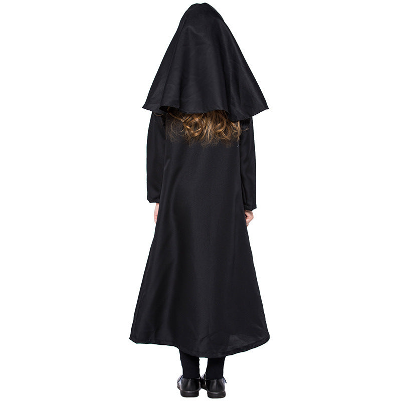 Girls nun Halloween costume with black long-sleeve gown and black veil with white trim - view 4