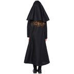 Girls nun Halloween costume with black long-sleeve gown and black veil with white trim - view 4
