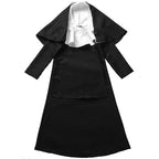 Girls nun Halloween costume with black long-sleeve gown and black veil with white trim - view 5