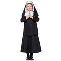 Girls nun Halloween costume with black long-sleeve gown and black veil with white trim - view 6