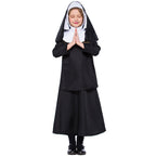 Girls nun Halloween costume with black long-sleeve gown and black veil with white trim - view 6