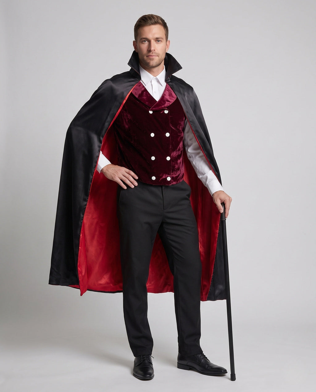 Men's vampire costume with black stand-collar cape and burgundy crushed velvet double-breasted vest