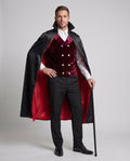 Men's vampire costume with black stand-collar cape and burgundy crushed velvet double-breasted vest